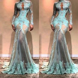 Vestidos de noche de perlas de encaje completo de cuello Dubai see a través de Illusion High Split Formal Prom Cutway Side Gowns Celebrity