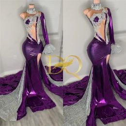 Robe de bal longue violette pour filles noires, tenue de fête d'anniversaire en cristal perlé, à volants, avec fente haute, 2024