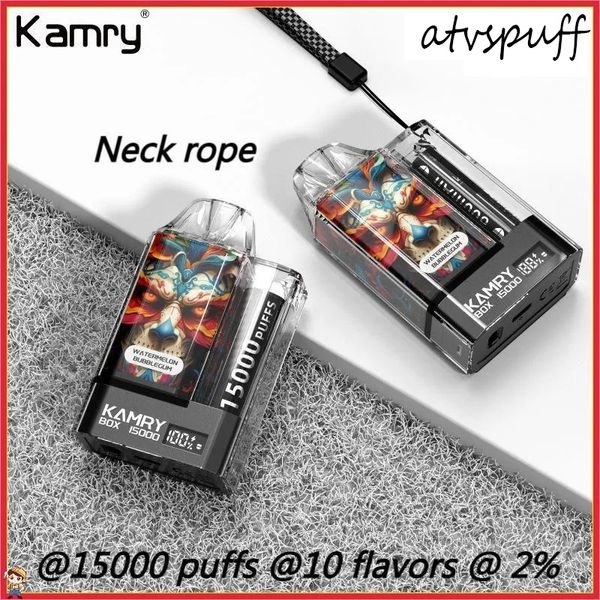 Cuerda para el cuello Kamry Box 15000 inhalaciones Puff 15k Vape desechable Cigarrillos electrónicos recargables Bobina de malla 10 colores 30 ML E-líquido Puff 15k Vaper Cartuchos electrónicos desechables 2%