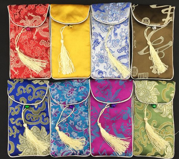 Chaîne de cou pochette en soie chinoise sac bijoux lunettes sac de rangement pour téléphone portable couverture en tissu fait main coque de téléphone 17 x 8 cm 10 pcs/lot