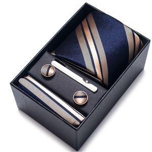 Nek Tie Set 100% Silk Brand Hakkerchief Cufflink For Men Ntransholling Holiday Gift Box Blue Gold Suit Accessories Slim Wedding Gravatas DHP3U