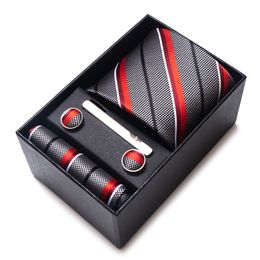 Neck Tie Set Est Design Classic Factory Sale Holiday Presente Silk Tie zakdoek Cufflink Set Strektie Box Wedding Accessories Striped 230314