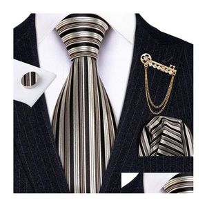 Neck Tie Set Fashion Designer goud gestreepte mannen broches zijden zakdoek voor bruidegom cadeaubedrijf Barry.wang drop levering dh5xh