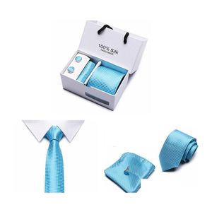 Nek Tie Set Fashion Polyester Jacquard White Geometrische stropdas Hanky ​​Cufflink Pak Ties For Men Business Wedding Party Drop Lever Otcil