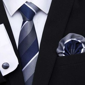 Neck Tie Set Fashion Silk Jacquard Tie White Geometric Tie Hanky Cufflink Set Ties for Men Business Wedding Party