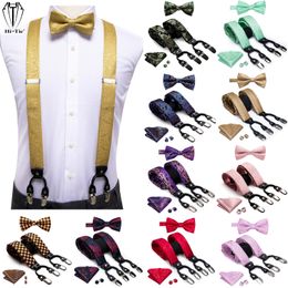 Conjunto de corbata Hi-Tie Jacquard Tejido Seda Dorado Tirantes para hombre Pajarita Pañuelo Gemelos Conjunto para hombres Galluses elásticos ajustables para hombres 231027