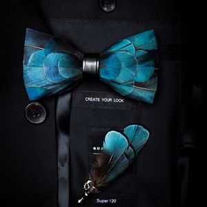 Nek Tie set Jemygins Origineel ontwerp natuurlijke brut veer prachtige handgemaakte boog broche pin cadeaubakje voor mannen bruiloftsfeest bowtie 221105