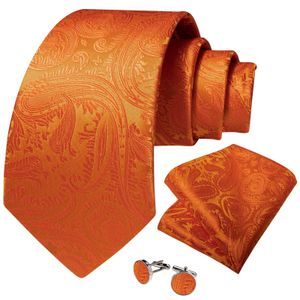 Clie de cou Ensemble Luxury Orange Paisley Solid Luxury Luxury Silk liens pour hommes avec mouchoir des boucles de poing