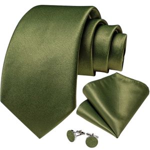 Neck Tie Set Mens Tie 8cm 100% Silk Olive Green Solid Coldie Pocket Square Cufflinks Set Business Wedding Formes Formes pour hommes