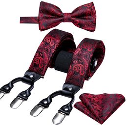 Conjunto de corbata y tirantes para hombre, conjunto de pajarita de seda roja sólida, gemelos, tirantes elásticos para boda, 6 clips, pajarita para fiesta de Navidad Barry.Wang 231027