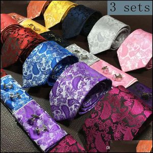 Neck Tie Set Ties Fashion Aesories Mannen en Zakdoek Bowtie Manchetknopen 9 cm Stropdas 100% Zijde Voor Bedrijf Bruiloft Hombre Drop Deliv