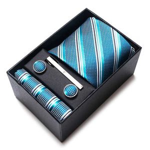 Nek Tie Set Groothandelsmerk Zijder Tie Pocket Squares Cufflink Set Doos Ntralte Cravat Man Blue Dot Wedding Accessories Fit Office Business