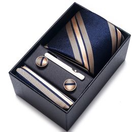 Stropdassen 100% Zijde Merk Stropdas Zakdoek Manchetknoop Set Voor Mannen Stropdas Vakantie Geschenkdoos Blauw Goud Pak Accessoires Slanke Bruiloft Gravatas 231216