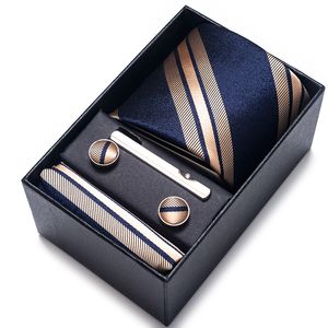 Cravates 100% Soie Marque Cravate Mouchoir Bouton De Manchette Ensemble Pour Hommes Cravate Boîte Cadeau De Vacances Bleu Or Costume Accessoires Mince De Mariage Gravatas 230605