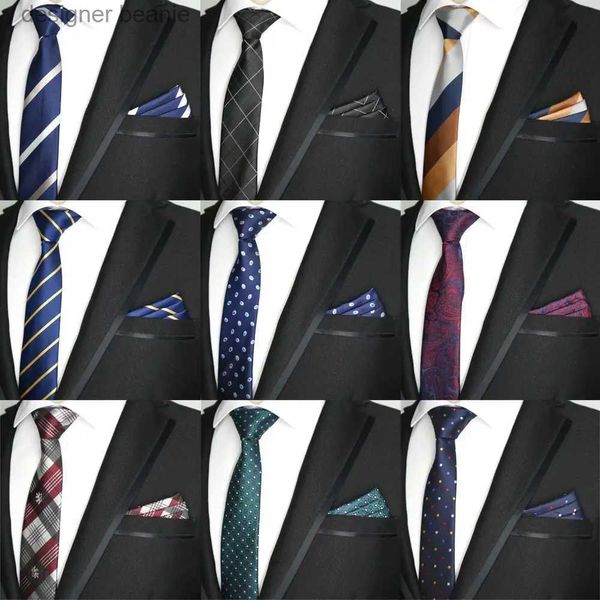 Corbatas 27 colores 6 CM Conjunto de corbata para hombre Flaco Poliéster Seda Puntos Raya Diseño de Paisley Corbatas delgadas Conjuntos de pañuelos de bolsillo Corbata estrecha Rojo Negro L231215