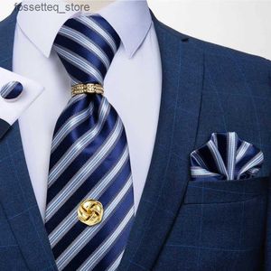 Corbatas de cuello 8 cm Corbata de seda para hombre Conjunto de corbata de negocios a rayas blancas y azules Pañuelo Gemelos Corbata con cadena Juego de regalo para hombres DiBanGu L240313