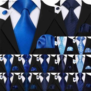 Corbatas de cuello Barry.Wang Blue Silk Mens Tie Hanky Cufflinks Set Navy Royal Sky Peacock Lake Blue Corbata para boda masculina Fiesta de negocios EventL231215