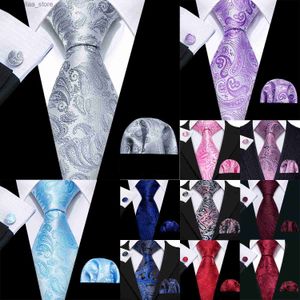 Nekbanden Barry.wang Designer Silk Mens Tie Hankerchief Cufflinks Set Jacquard Paisley Silver Pink Blue NecTie voor trouwfeestbedrijf Y240325