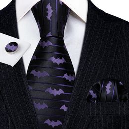 Coules de cou Barrywang Purple Silk Bat Tie pour hommes Novelty Animal Black Stripe Ncektie Pocket Square Cuffe Links Set Wedding Party Fa6210 231216