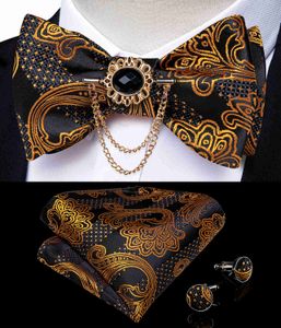 Nekbladen boogbladen zelfband heren mode goud paisley trouwfeest bowtie 100silk heren vlinder hanky broche pin manchetingen set dibangu j230225