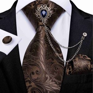 Nekbanden bruine paisley stropdassen voor mannen bruiloftsfeest heren nekbinding set hanky manchetknopen blauw kristallen broche ketting cadeau voor mannen dibangu j230227