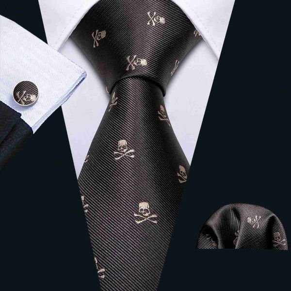 Coules de cou Brown Skull Fashion Men Tie Necktie Gravat Handkerchief Cuffers de bouffées Ties en soie pour hommes Suit Party Business Gift Barry.Wang 240407