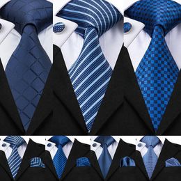 Cravates affaires classique bleu noir rayé solide cravate pour hommes 3.4 "marque cravate poche carré boutons de manchette fête de mariage soie Set1
