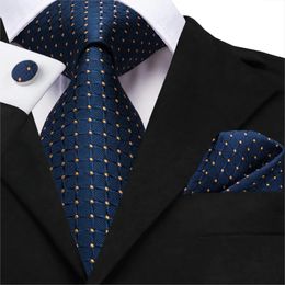 Cravates d'affaires cravate pour hommes soie bleu points cravate ensemble boutons de manchette à carreaux mariage 150 cm HiTie SN3529 goutte 231216