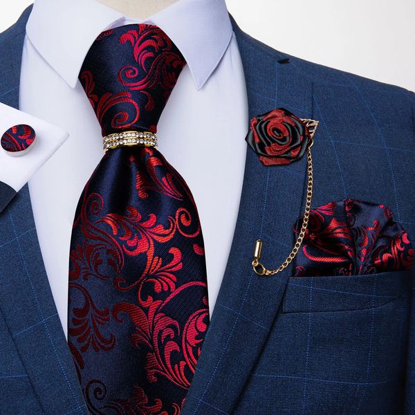 Cravates de cou Designer Bleu Rouge Paisley pour hommes Cravate de fête de mariage Bague de luxe Broche 100 Soie Ensemble cadeau DiBanGu 231019