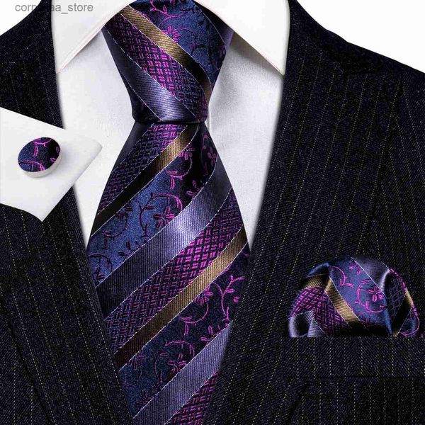 Cravates de cou Designer Soie Hommes Cravates Ensemble Violet Rayé Fleur Rouge Bleu Vert Noir Cravate Poche Carrée Boutons De Manchette Weddiing Barrywang 6320 Y240325