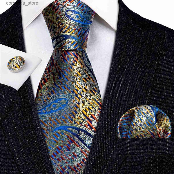 Corbatas de cuello Corbata de seda de diseñador para hombre Oro Azul Rojo Multie Color Paisley Corbata a rayas Pañuelo Gemelos Conjunto Boda BarryWang 6315 Y240325