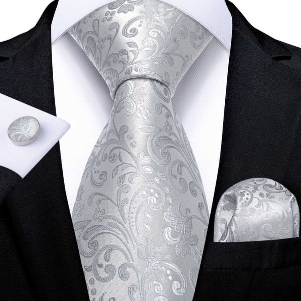 Cravates de cou Dibangu Hommes Cravate Blanc Argent Paisley Design Cravate de mariage en soie pour hommes Hanky Bouton de manchette Cravate Set Fashion Bussiness Party Dropshipping