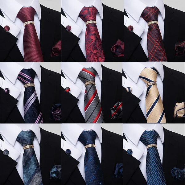 Coules de cou Fashion Designer Neckties Ensembles avec des boutons de manchette de serviette de la marine Bourgogne carrée