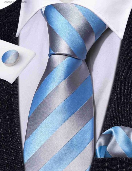 Cravates de cou Mode Bleu Clair Cravate En Soie Pour Hommes Classique Stripe Cravate Mouchoir Boutons De Manchette Ensembles De Mariage D'affaires Groom Designer LN-6365 Y240325