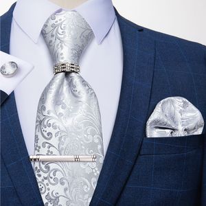 Cravates de mode hommes cravates argent Floral 8 cm soie cravate affaires de mariage Gravata Ting anneau pince cravate cadeau pour hommes DiBanGu 230719