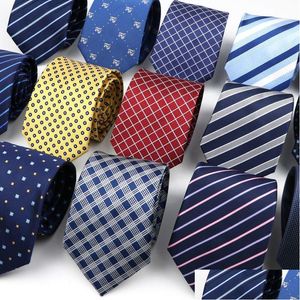 Coules de cou Fashion Mens Business Tie Classic 8cm Stripe Plaid Polyester Jacquard Coldie rouge bleu noir de haute qualité Wear Daily Wear Cravat Dhjpf