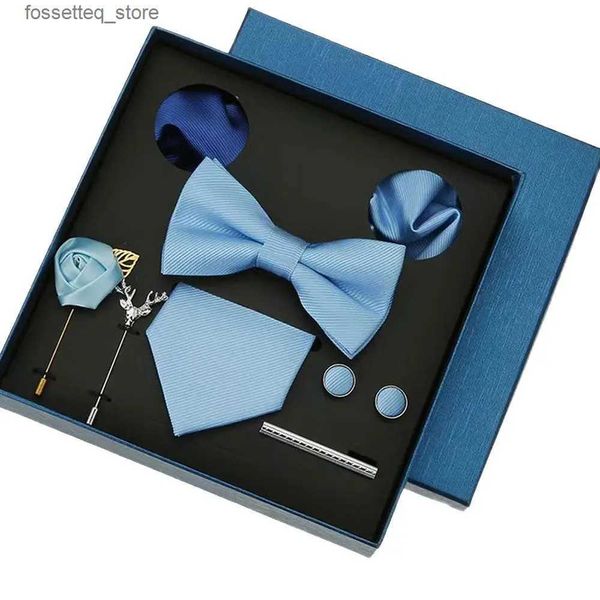 Corbatas de cuello Conjunto de corbata de moda Corbata azul para hombre Pañuelo Gemelos Clip Pin Caja Trajes para hombres Camisa de regalo de boda Corbata de seda Accesorios para hombres L240313