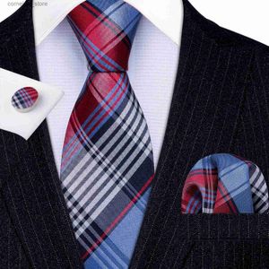 Cravates Mode Rouge Bleu Plaid % Cravate En Soie Cadeaux Pour Hommes Cadeaux Costume Cravate De Mariage Barry.Wang Cravates Hanky Ensembles Affaires LN-5341 Y240325
