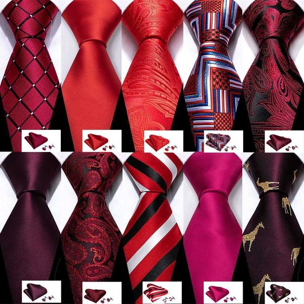 Coules de cou Fashion Silk Homme Tie Ensemble rouge Bourgogne Solide Paisley Stripe Collier Flower Collier Collier Chief Cuffe Links Mariage Businessc240410