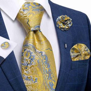 Nekbanden goud blauwe paisley banden voor mannen bruiloft accessoires 8 cm breed 100 zijden nek tie zakdoek manchetknopen set met broche pin j230225