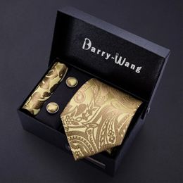 Cravates de cou d'or hommes cravate Paisley soie poche carré coffret cadeau BarryWang concepteur de luxe pour homme Gravat mariage BB5150 231216