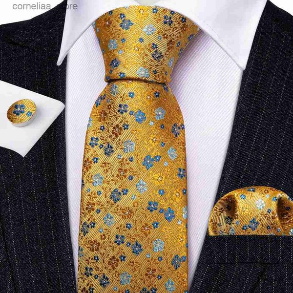 Cravates de cou en soie d'or bébé floral hommes cravate cadeau de mariage Barry.Wang Designer cravate mouchoir boutons de manchette ensemble marié d'affaires LN-5916 Y240325