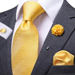 Cravates de cou Or Jaune Rayé Solide Mens Cravate De Luxe 85cm Cravate D'affaires En Soie Hnaky Bouton De Manchette Broche Cadeau De Mariage Pour Hommes HiTie Designer 231214