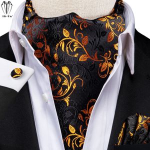 Corbatas de cuello Hi-Tie Marca Negro Oro Seda Mens Ascots Hankerchief Gemelos Set Jacquard Vine Vintage Cravat Tie Bufanda para fiesta de boda masculina 231013