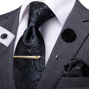 Cravates Hi-Tie Business Noir Paisley Cravate Pour Hommes Soie Hommes Pince À Cravate Boîte Cadeau Pour Hommes De Luxe Cravate Hanky Boutons De Manchette Ensemble Robe Formelle 230607