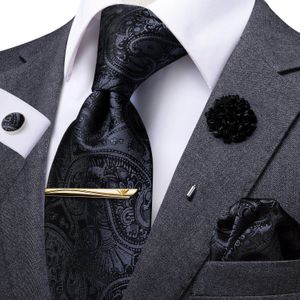 Cravates Hi-Tie Business Noir Paisley Cravate Pour Hommes Soie Hommes Cravate Cravate Boîte Cadeau Pour Hommes De Luxe Cravate Hanky Boutons De Manchette Ensemble Robe Formelle 231013