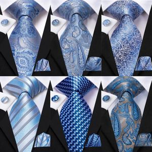 Corbatas de cuello Hola corbata azul claro a rayas novedad corbata de boda de seda para hombres Handky Gemelos Nicktie Set Diseño de moda Fiesta de negocios Dropship 231019