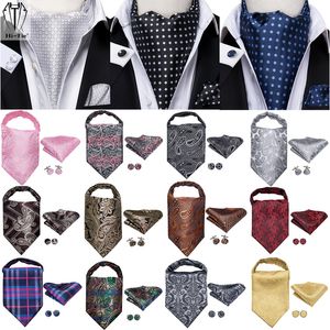 Stropdassen Hi-Tie Silk Mens Ascots Hanky Manchetknopen Set Jacquard Paisley Floral Cravat Tie Zelf Vintage Ascot Zwart Grijs Rood Goud Roze Blauw 230725