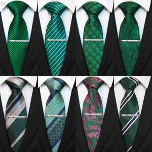 Coules de cou Jemygins Men Green Lignes à rayures Tie à rayures Paisley Silk Tie pour hommes Nettoyage Hanky Cuffink Set Party Business Fashion Designer 240407