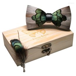 Corbatas JEMYGINS diseño Original pajarita pluma Natural exquisita hecha a mano hombres lujo caja de regalo de madera conjunto fiesta de boda